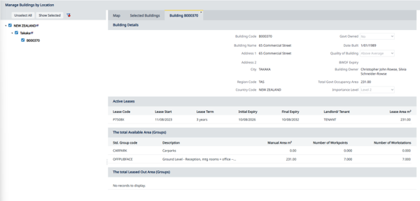 A screenshot of Manage buildings by location page with a dropdown menu on the left. Building details table to the right of the menu displays a table with property information, active leases and total available area information. 