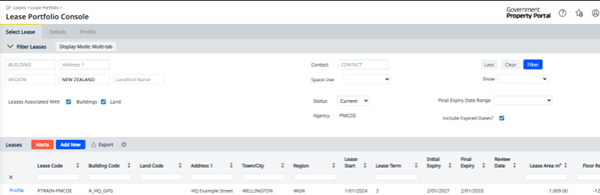 A screenshot of the Lease Portfolio Console showing lease filter options and a table listing a lease record.