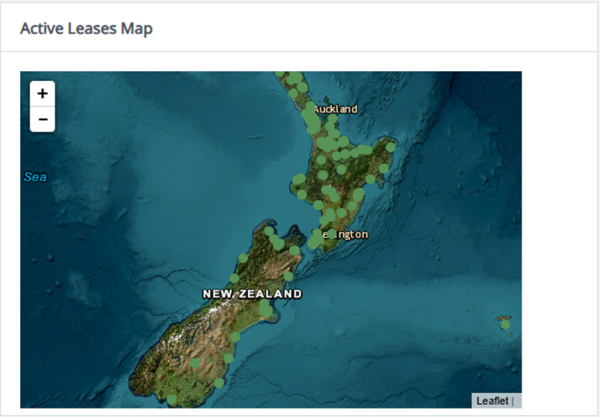 Map titled Active Leases Map showing New Zealand with green dots indicating active lease locations. Zoom in and zoom out buttons are displayed on the top left corner of the map.
