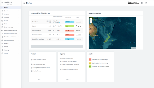 The Government Property Portal home screen shows integrated portfolio metrics in a table on the left. To the right is a map showing active leases across New Zealand. Below are three tiles: Portfolio, Reports, and Alerts. A sidebar on the left has a list of navigation items for the Portal.