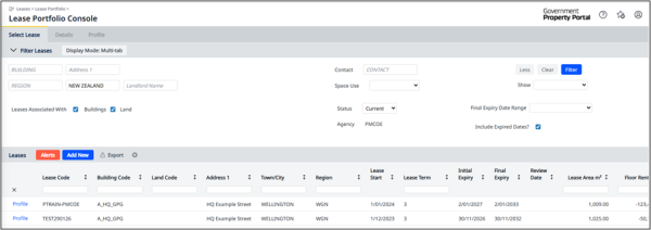 A screenshot of a lease portfolio console screen from the Government Property Portal showing filter fields above and a table of lease records below.