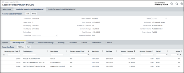 A screenshot of a full lease record from the Government Property Portal showing general lease information at the top and a table of recurring costs below.