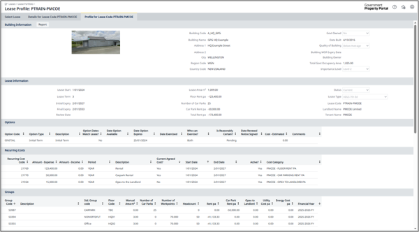 A screenshot of a lease profile page from the Government Property Portal with a photo of a building in the top row and multiple rows below with tables and lease information.