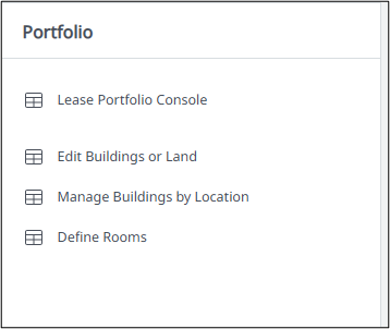 A screenshot of the Portfolio tile from the homepage with four menu options; Lease Portfolio Console, Edit Buildings or Land, Manage Buildings by Location and Define Rooms.